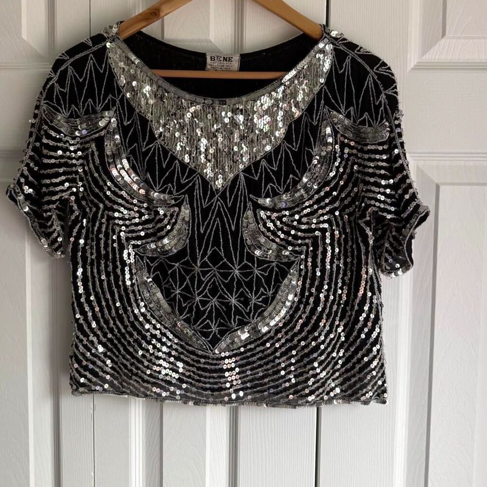 Vintage 80s black & silver beaded sequin top 100% silk size L by Bene